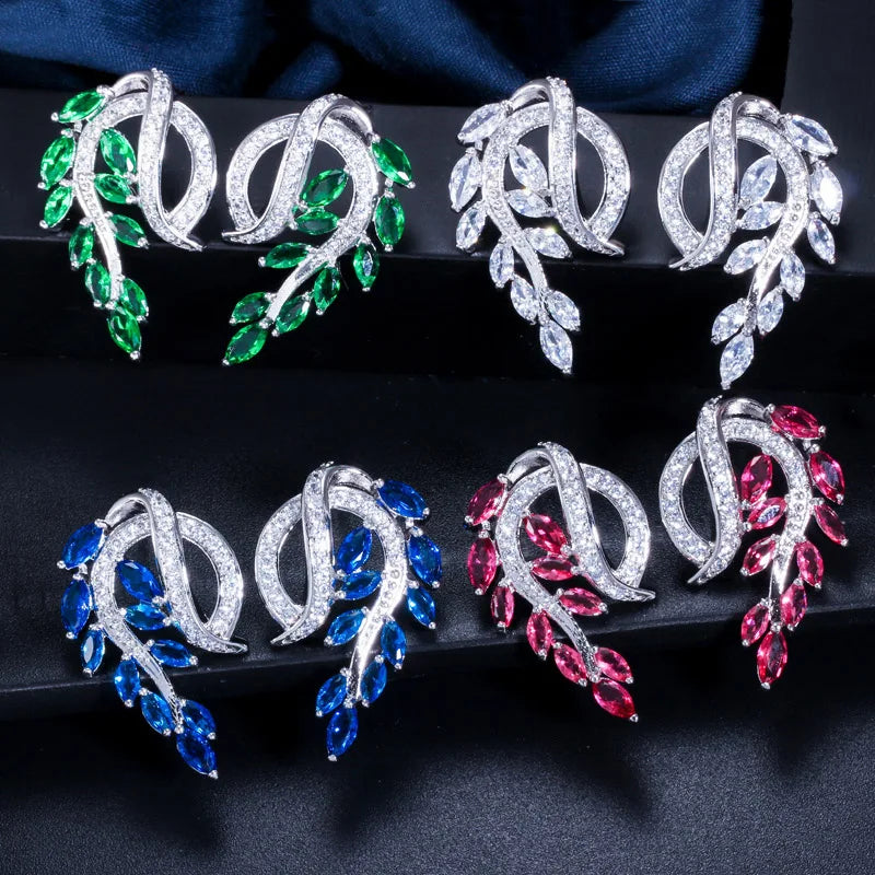 Elegant Jewellery Silver Plated Creative Leaf Twist Shape Cubic Zircon Inlay Blue Green Drop Stud Earrings for Women Jewelry