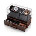 Watch Display Case Men's Wood Watch Stand With Removable Acrylic Cover PU Leather Padding Velvet Lined DrawerOrganizer Rings