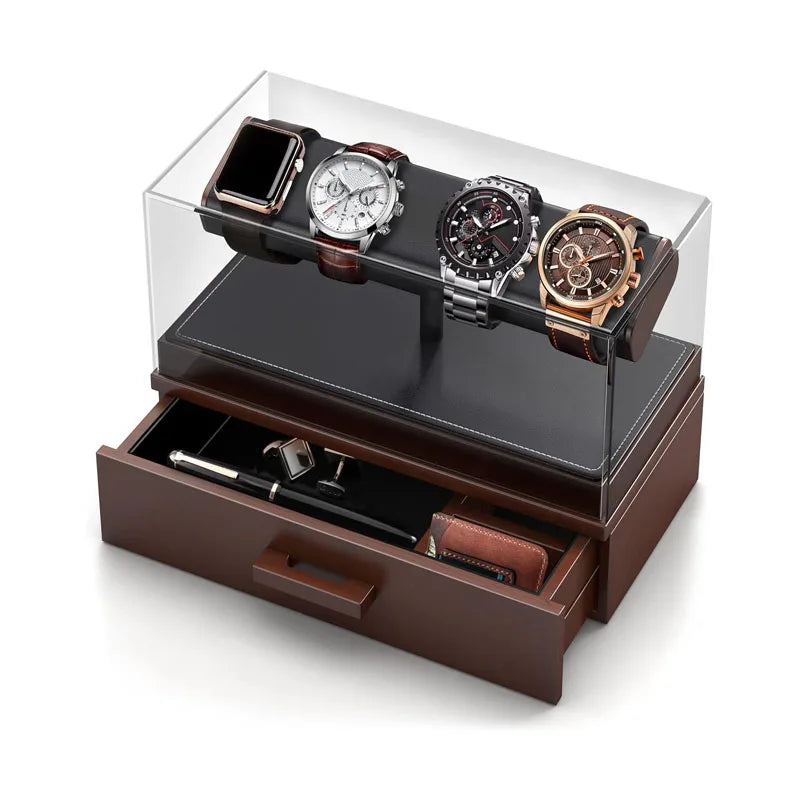 Watch Display Case Men's Wood Watch Stand With Removable Acrylic Cover PU Leather Padding Velvet Lined DrawerOrganizer Rings