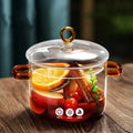 High Borosilicate Glass Cooking Pot with Lid Amber Handle Eco-Friendly Handmade Heat Resistant Oven & Microwave Safe All Stoves