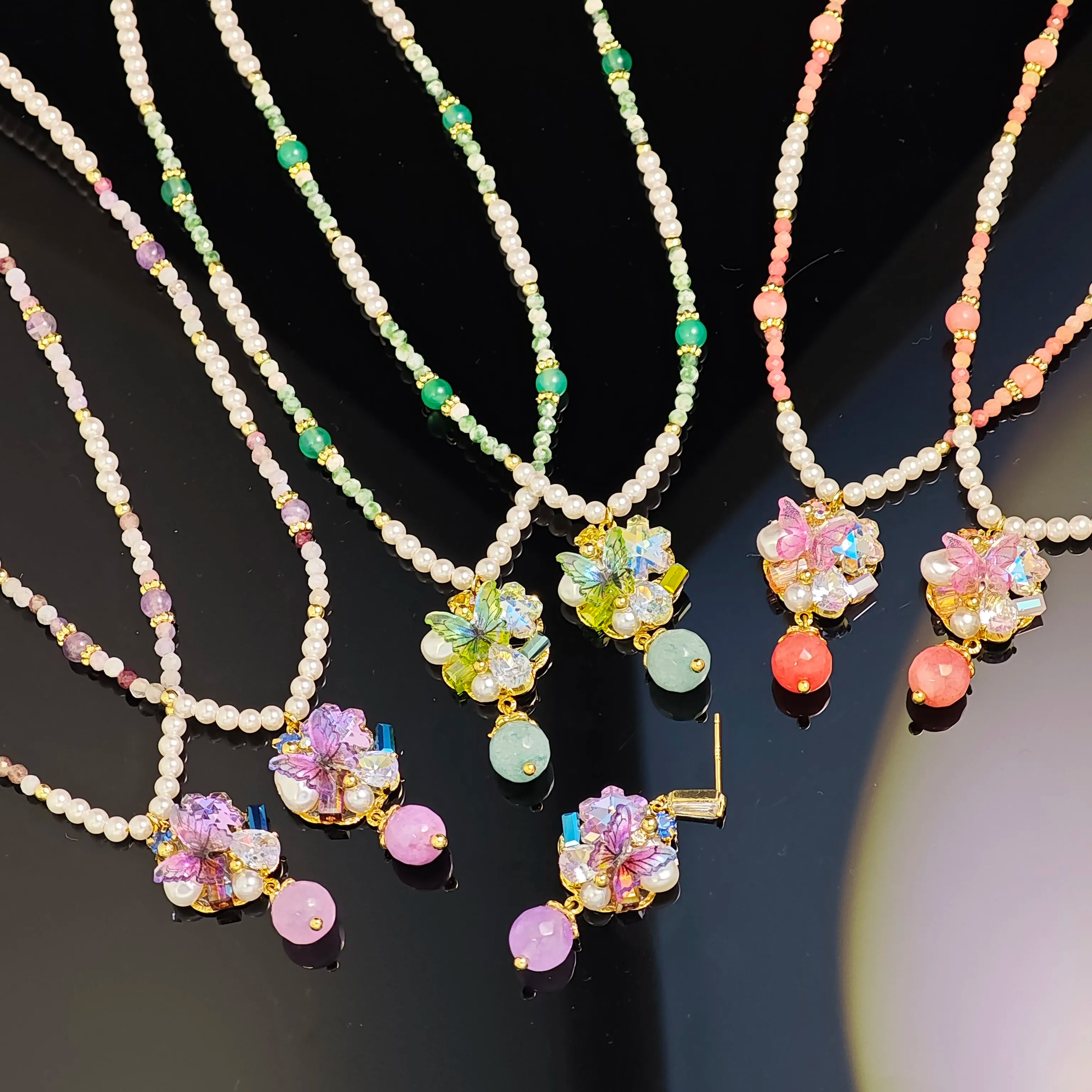 Ilona Handmade Copper Necklace and Earring Sets Natural Stone Artificial Crystal Luxury Trending Beaded Jewelry Sets