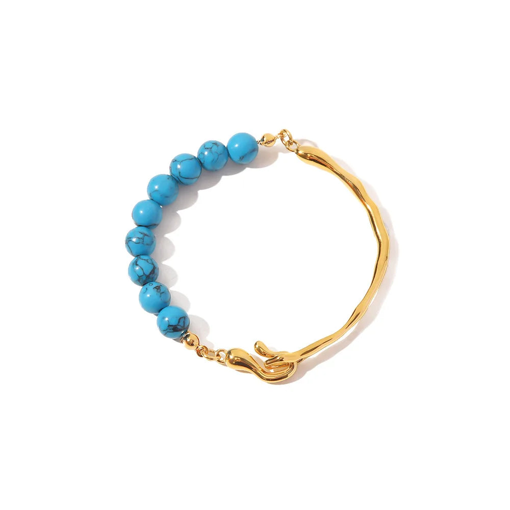 Stainless Steel 18K Gold Plated Jewelry Irregularity Bangle with Fresh Water Pearl Turquoise Stone Bangles for Women