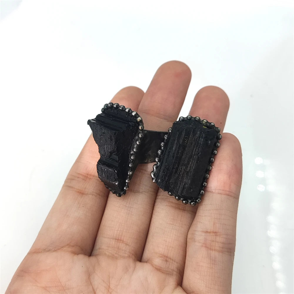 Classic Jewelry Natural Rough Cut Gemstone Adjustable Ring Irregular Stone Black Tourmaline Soldering Ring for Men and Women