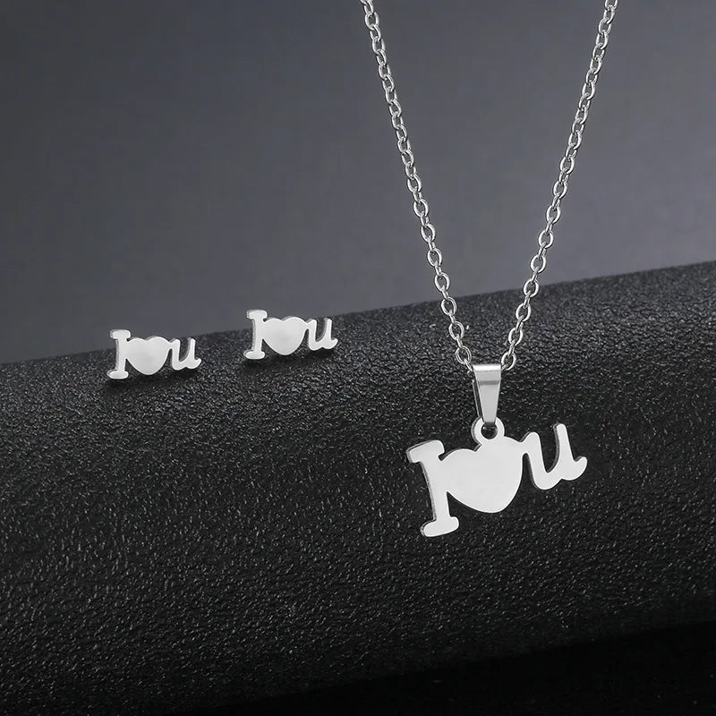 Hot Selling Women's Heart-Shaped Stainless Steel Necklace Earring Set 'I Love You' Letter Collarbone Chain for Gift Occasions