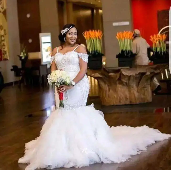 S8312F Customize White African Spegetti Strap Mermaid Cap Sleeve Crystal Beading Vintage Plus Size Wedding Dress