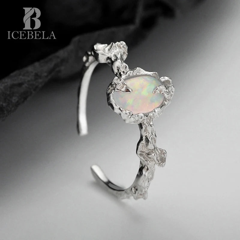 Fine Jewelry 925 Sterling Silver Original Unique Cool Cold Personality Irregular Shape Inlaid Opal Adjustable Rings for Girls