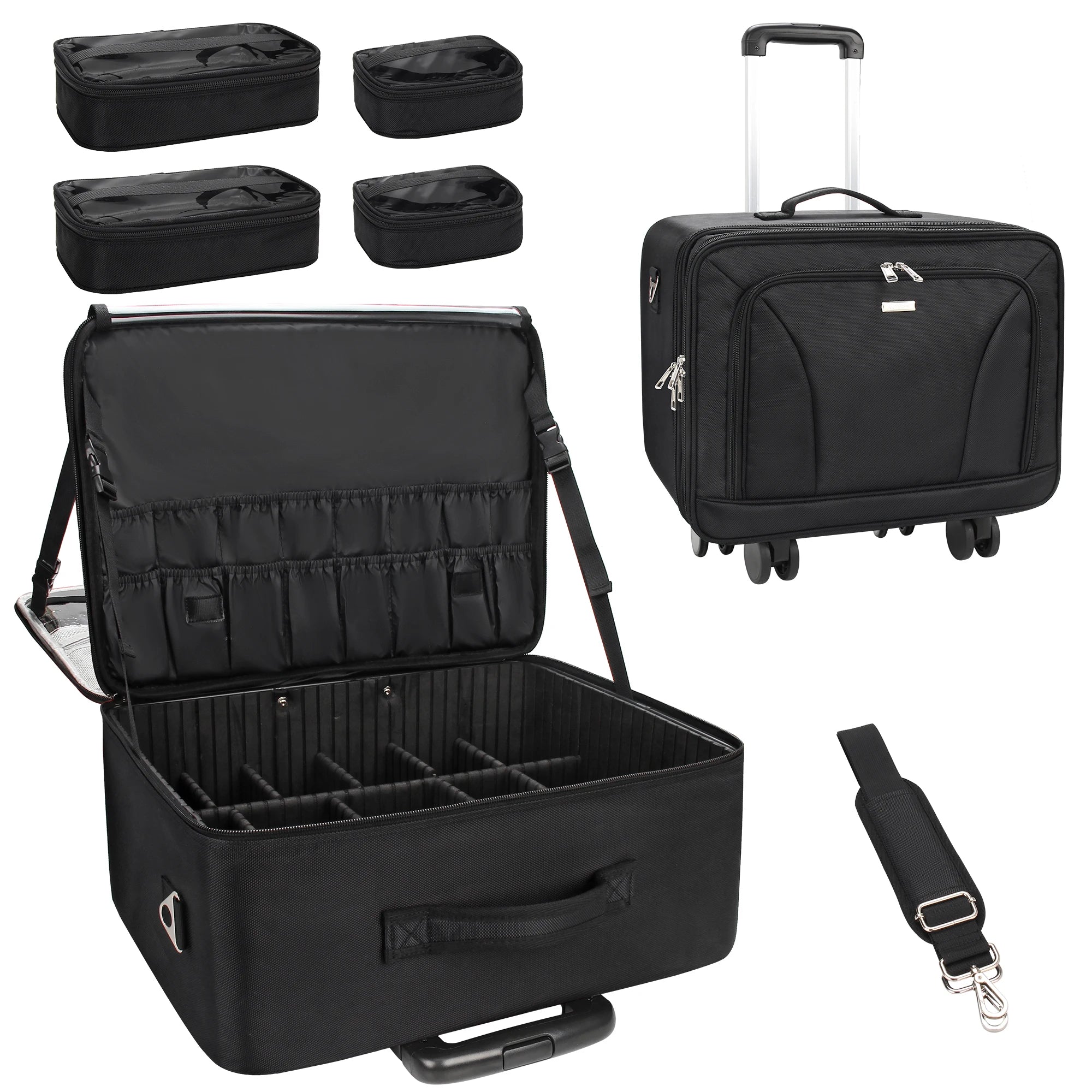 For Relavel Extra Large Fashionable Rolling Trolley Case with 4 Clear Portable Makeup Train Cosmetic Travel Organizer Zipper