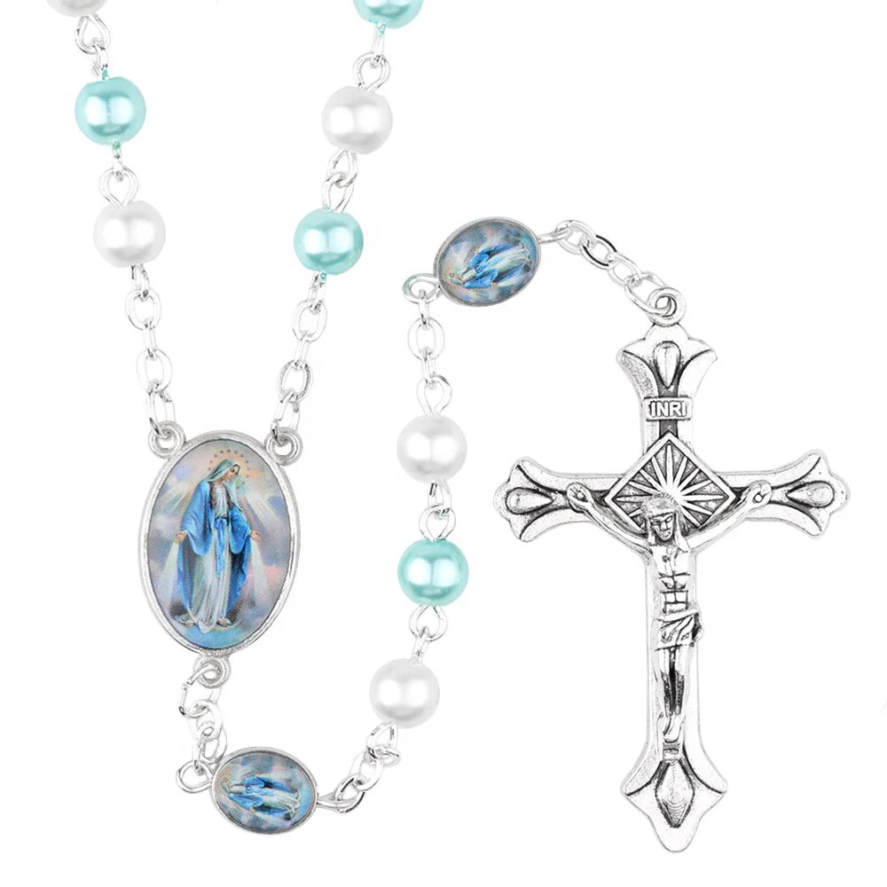 Religious Catholic Virgin Mary Jesus Rosaries 6mm Glass Pearl Bead Prayer Rosary Cross Necklace with Box