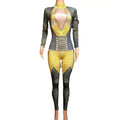 Fashion Stretch Skinny Yellow Rhinestones Leotard Lady Pole Dance Bodysuits Women Stage Costume Club Party Jumpsuits Playsuits