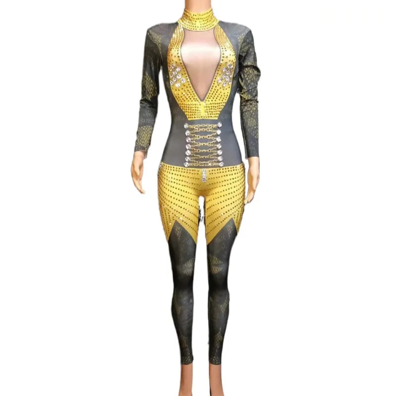 Fashion Stretch Skinny Yellow Rhinestones Leotard Lady Pole Dance Bodysuits Women Stage Costume Club Party Jumpsuits Playsuits