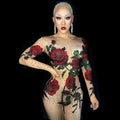 Rose Leotard Outfit Rose Flower Rhinestone One Piece Bodysuit Women Party Club Stage Performance Bodycon Jumpsuits