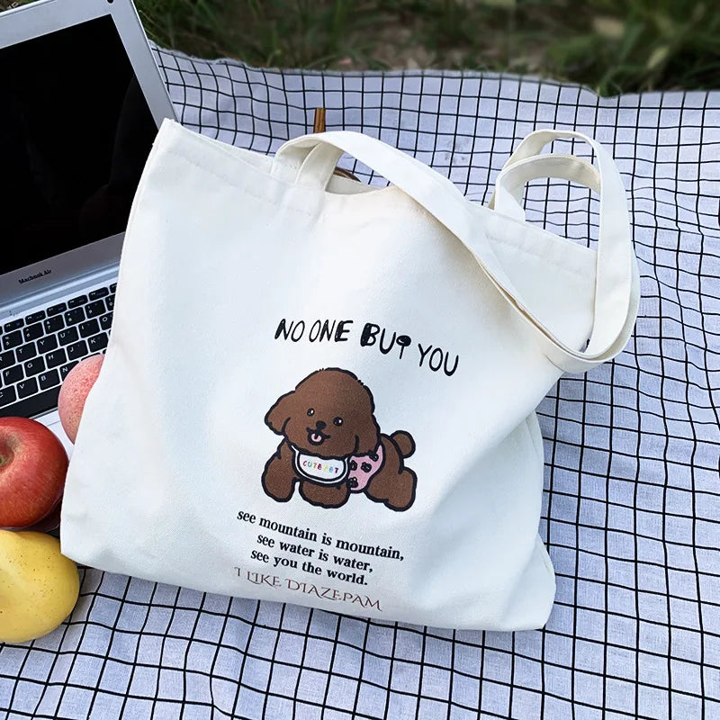 Puppy Cartoon Illustration Women's Canvas Shoulder Bags Commute Simple Ladies Underarm Shopping Tote Portable Female Handbags