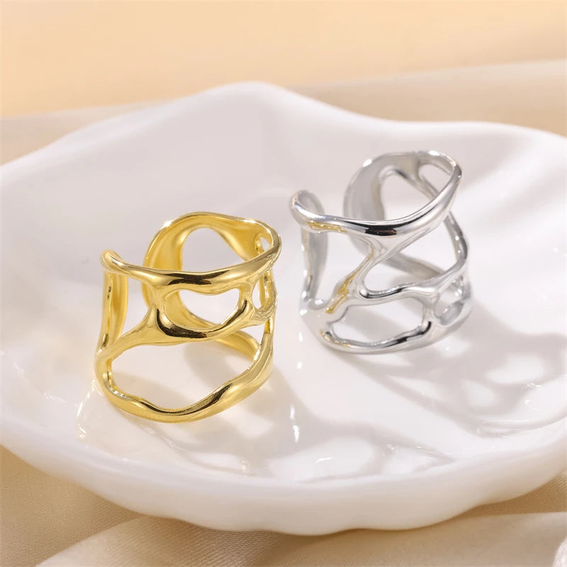 New Tarnish Free Genuine Gold Plated Stainless Steel Hollow Out Ring Highly Polished Fluid Style Creative Open Ring for Women