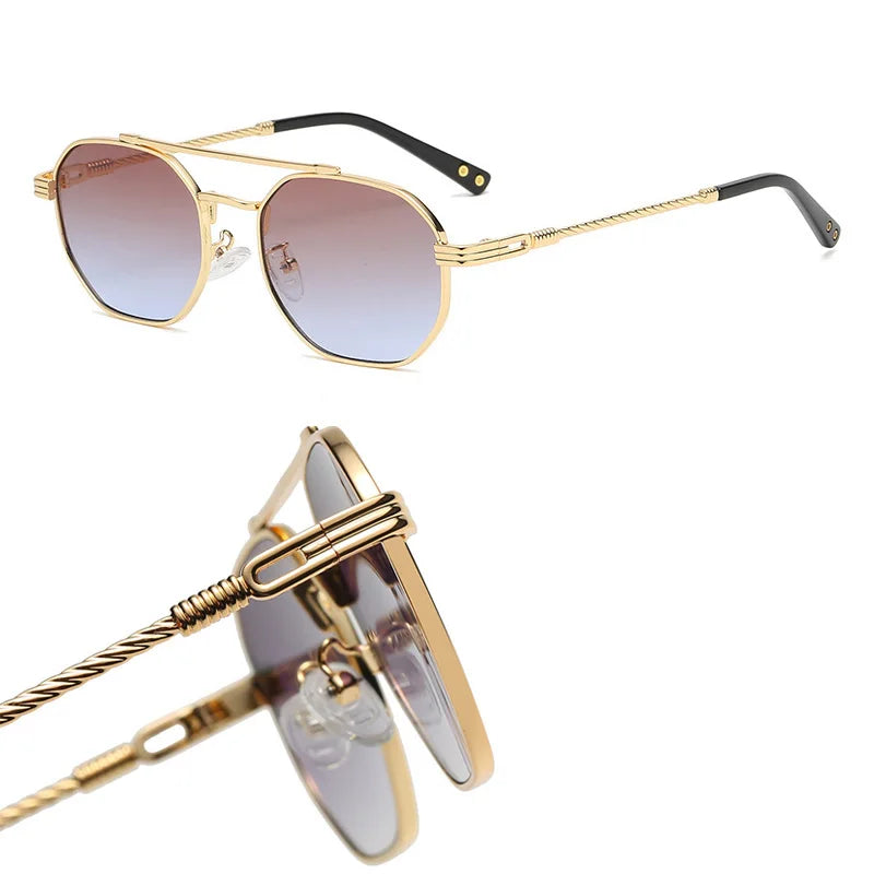 Wholesale Trendy Luxury Double Bridge Uv400 Double Bridge Metal Polygon Hexagon Sunglasses Metal for Men