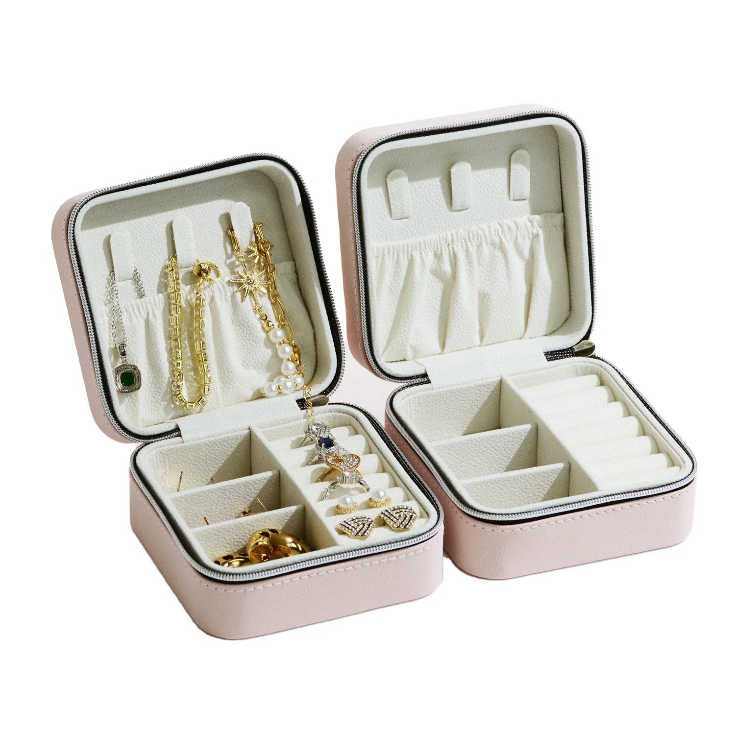 FORTE Elegant Pink PU Jewelry Storage Box Square and Round Corner Ring Necklace with Zipper Exquisite and Beautiful Packaging