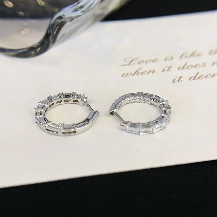 Ruyi Vintage 14K Women's Diamond Earrings Baguette Cut Lab Diamond Studs Hiphop Style Huggies Hoop Earrings for Men