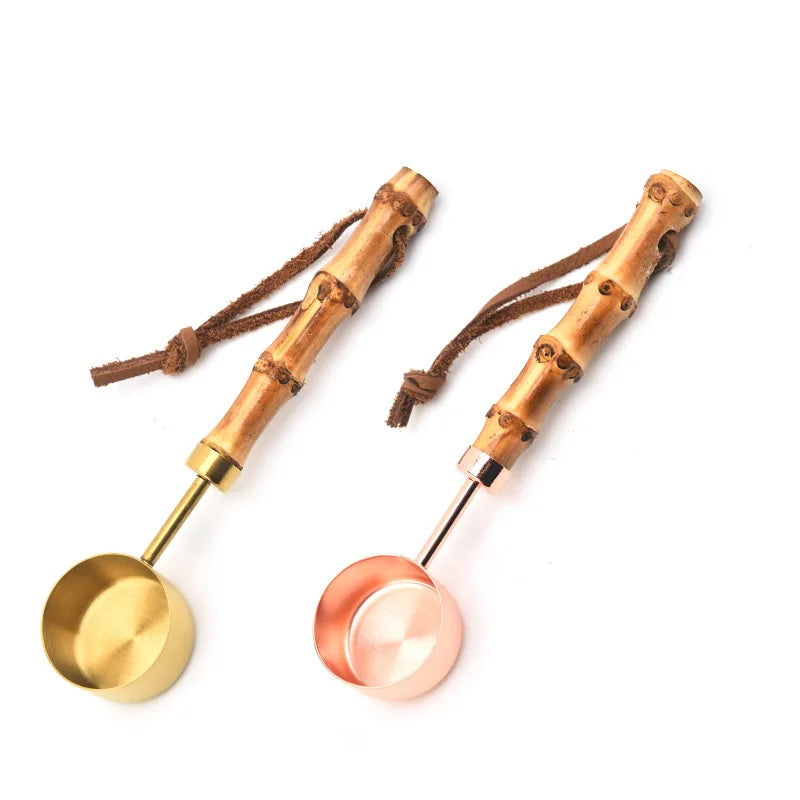 15/30ml New Style Bamboo Wooden Handle Measure Baking Tools Stainless Steel Rose Golden Plated Measuring Spoon