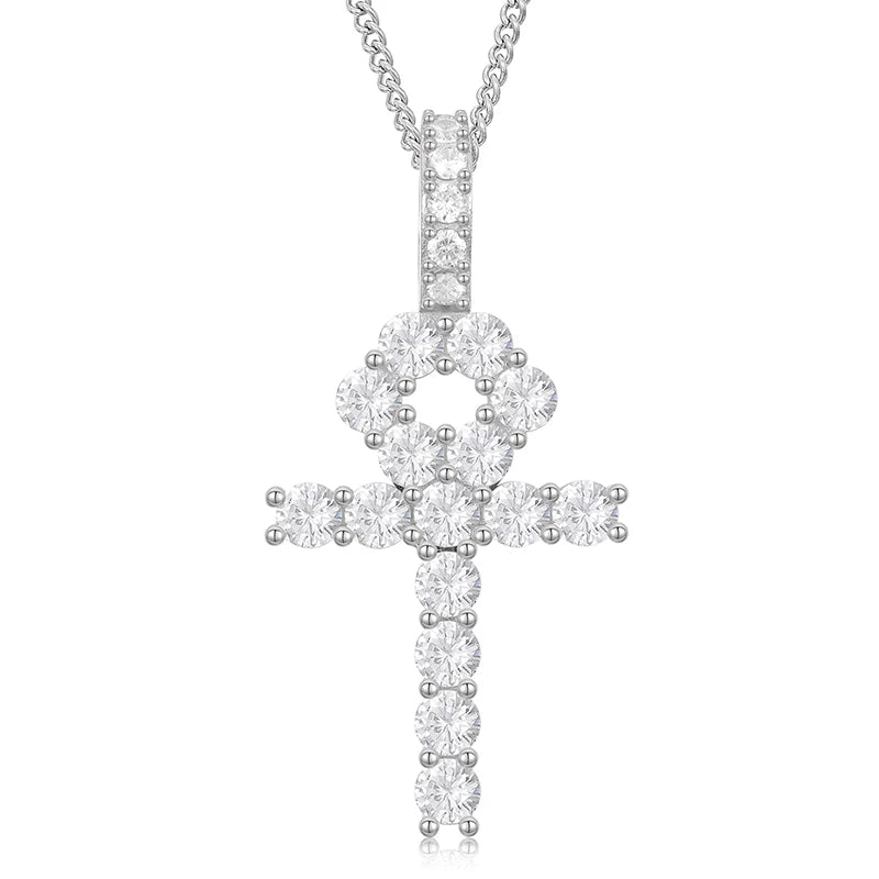 Drop Shipping Hot Sell Fine Jewelry 925 Sterling Silver VVS Moissanite Ankh Cross Pendant Necklace for Men Women