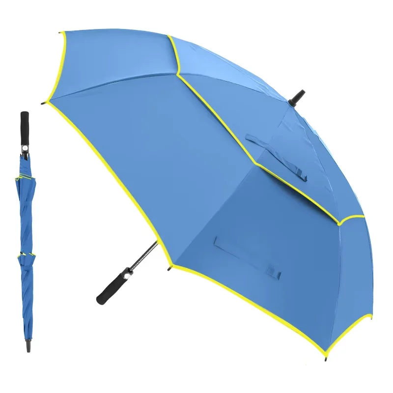 Shenzhen Quality Fiberglass Frame Colorful Edge Piping Windproof Double Layer Air Vented Big Golf Umbrella with Holes Inside
