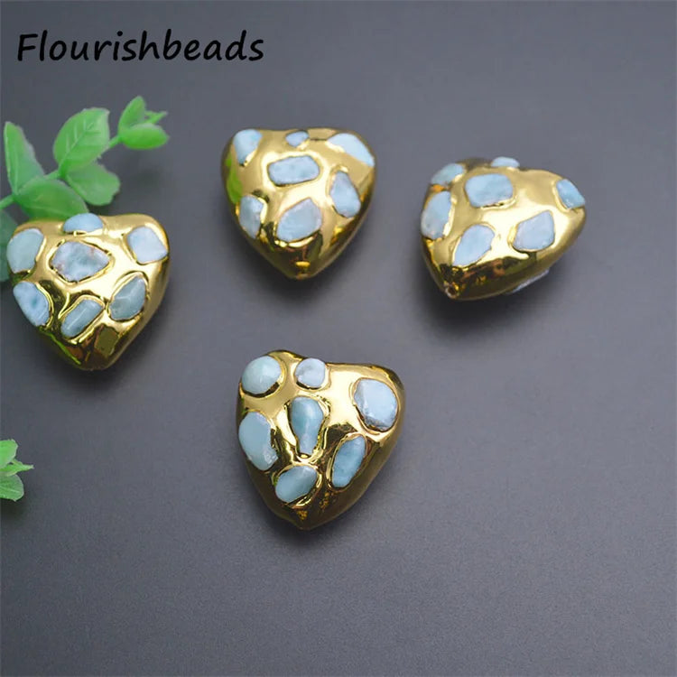 Wholesale  Gold Plated Heart Shape Natural Larimar Blue Stone Loose Beads for DIY Jewelry Bracelet Necklace Making