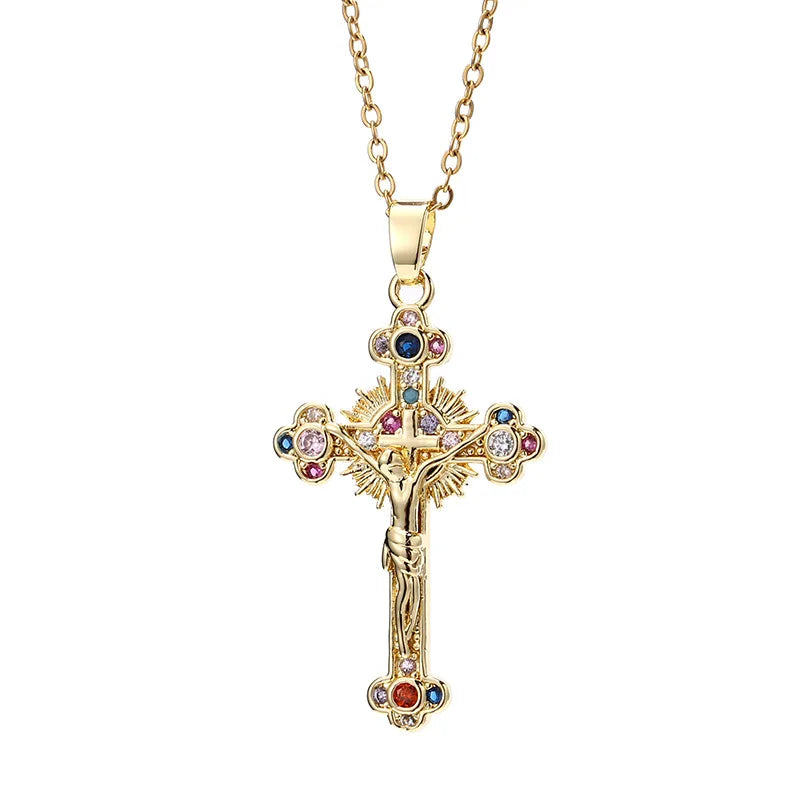 Europe Luxury Fashion Real Gold Plated Brass Copper Alloy Vintage Zircon Crystal Cross Pendant Necklace Chains Type Women Men
