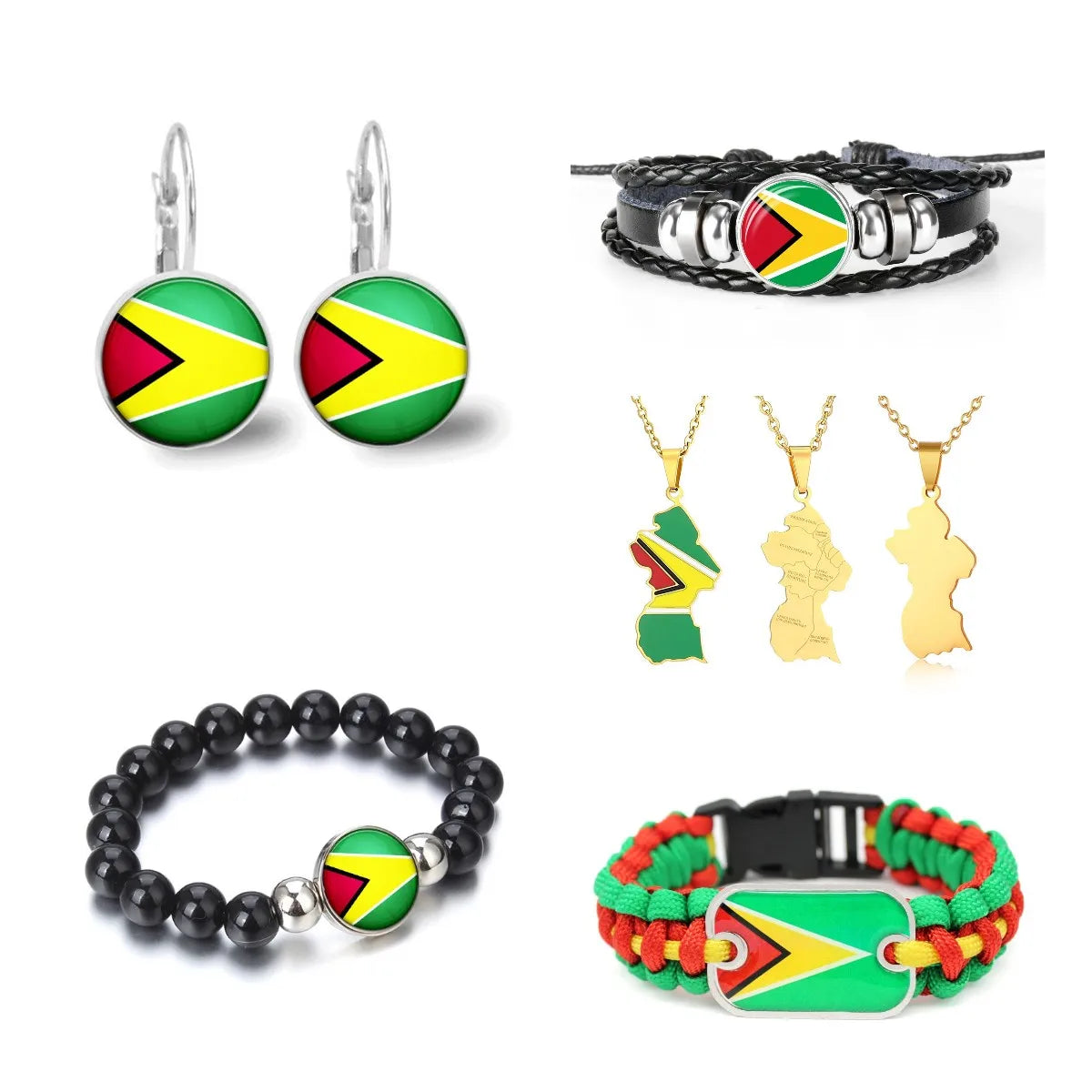 80 Models Caribbean Guyana Flag Map Tie Clip Lapel Pin Ring Brooch Cuff Link Necklace Bracelet Earrings Key Chain Jewelry Set