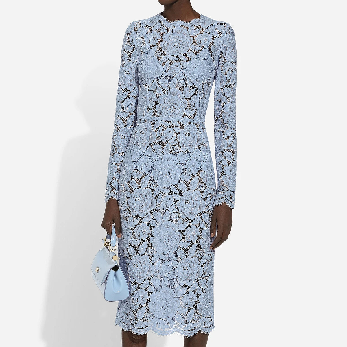 Romantic Evening Women's Lace Straight Midi Dress with Long Sleeves Party Style Natural Waistline