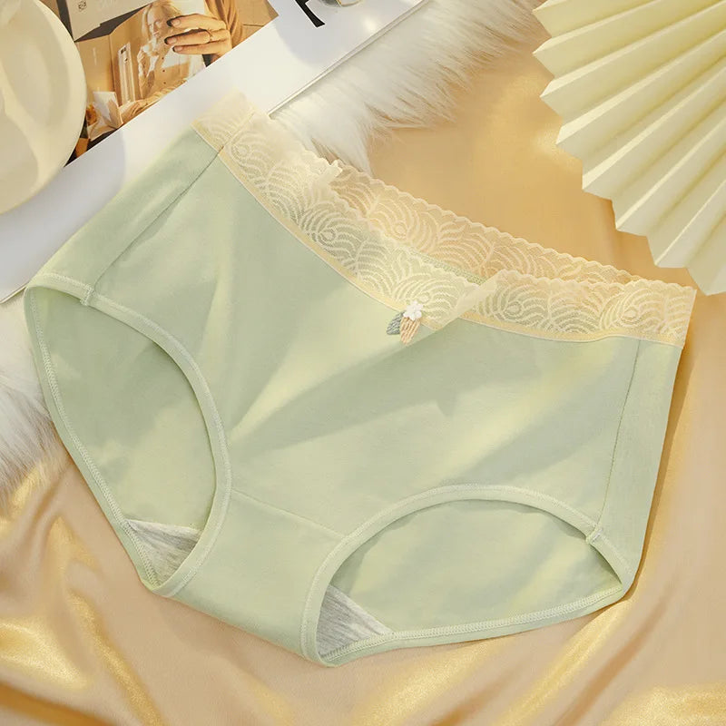 Women Lace Waistband Cotton Fabric Panties Mid-Rise Underwear Seamless Fresh Breathable for Everyday Comfort & Elegance