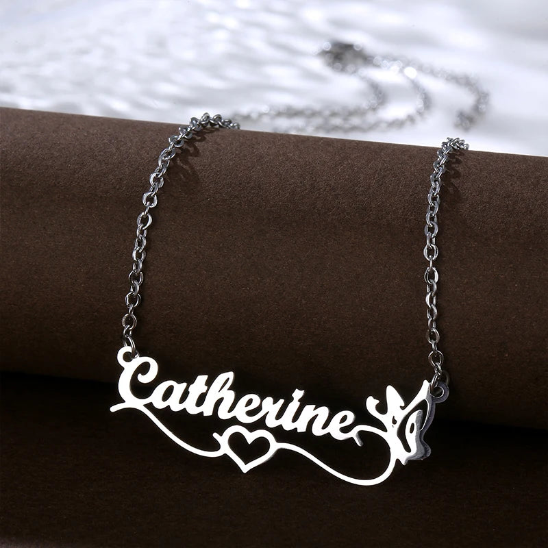 Wholesale Stainless Steel Custom Kids Name Jewelry Hearts Shaped Frosted English Name Necklace Personalized