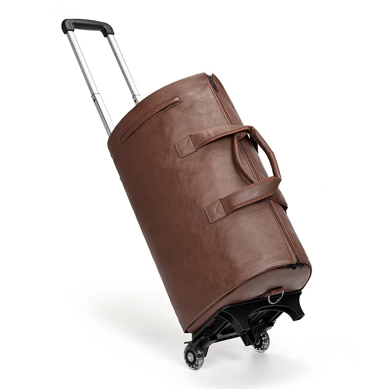 Factory Custom logo Rolling Wheeled Garment Trolley Duffle Suitcase PU Leather Men Travel Duffle Bag for Men