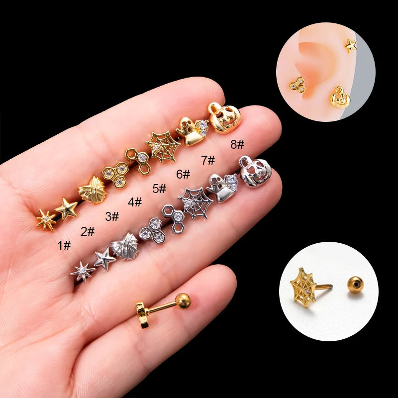 HENGSEN Trendy Piercing Jewelry Wholesale Gold Silver Star Heart Spider Web Shape Stud Helix Cartilage Earring