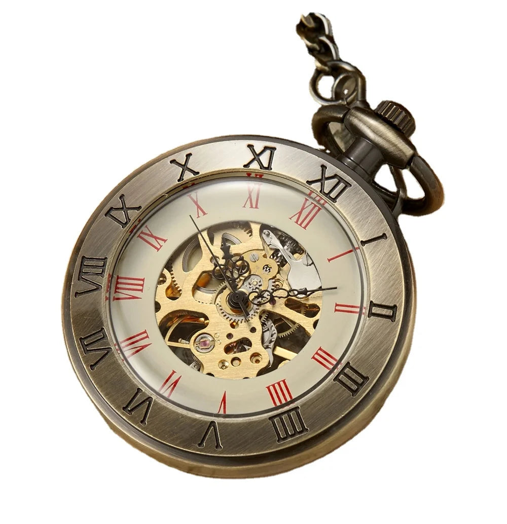 Antique Skeleton Mechanical Movement Hand Winding Roman Pocket Watch Zinc Alloy Case Round Dial 4.7CM