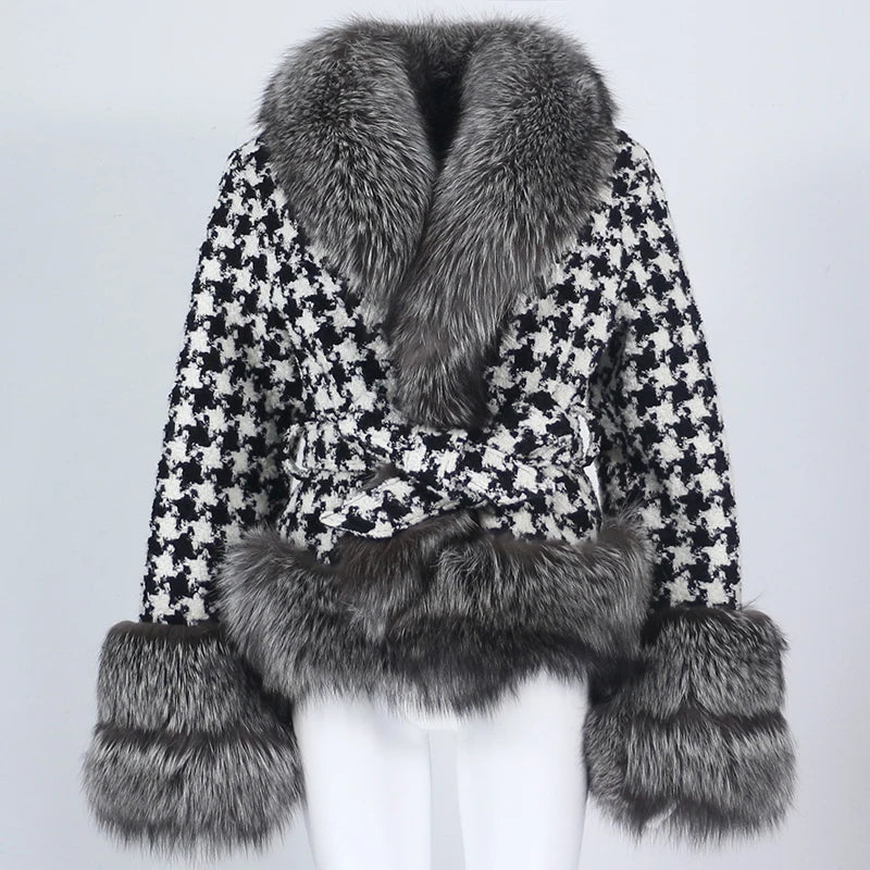 OFTBUY 2024 Women's Winter Jacket Natural Fox Fur Coat Thick Warm Plaid Collar Belts New Casual Woolen Streetwear Fashionable