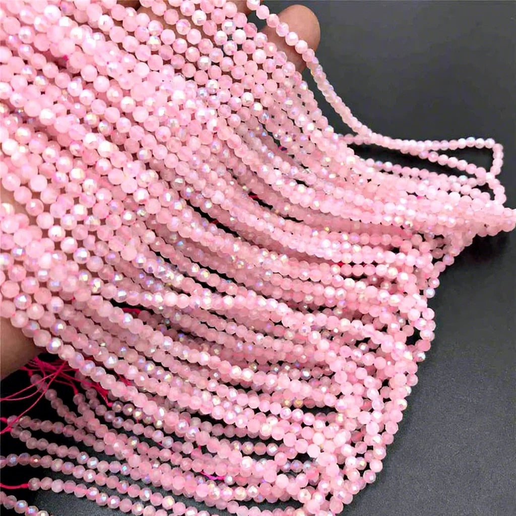 Hot Sell Micro Faceted Plated Rose Quartz Loose Beads Stone for Necklaces DIY Making 2mm 3mm