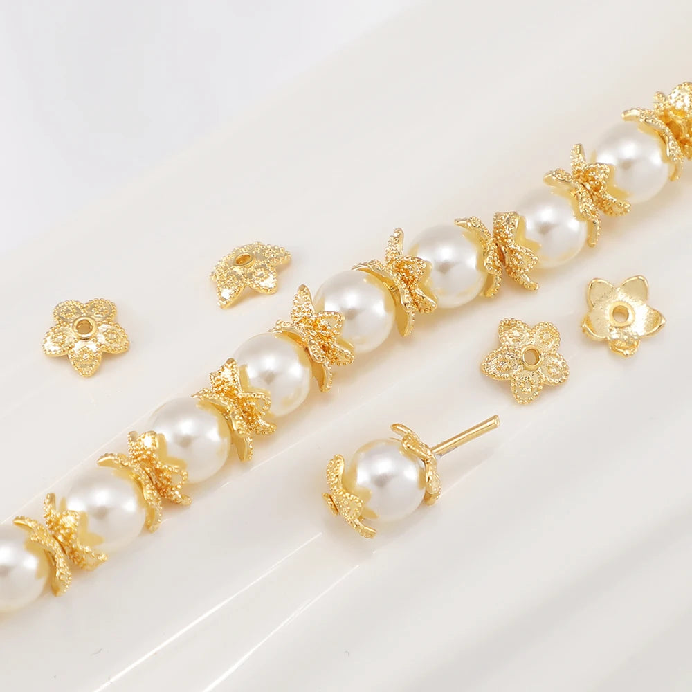 18k Gold Plated Bead Caps Five Leaf Petal Shape Bead Caps Brass Pearl Spacer Bead Cap for Jewelry Making