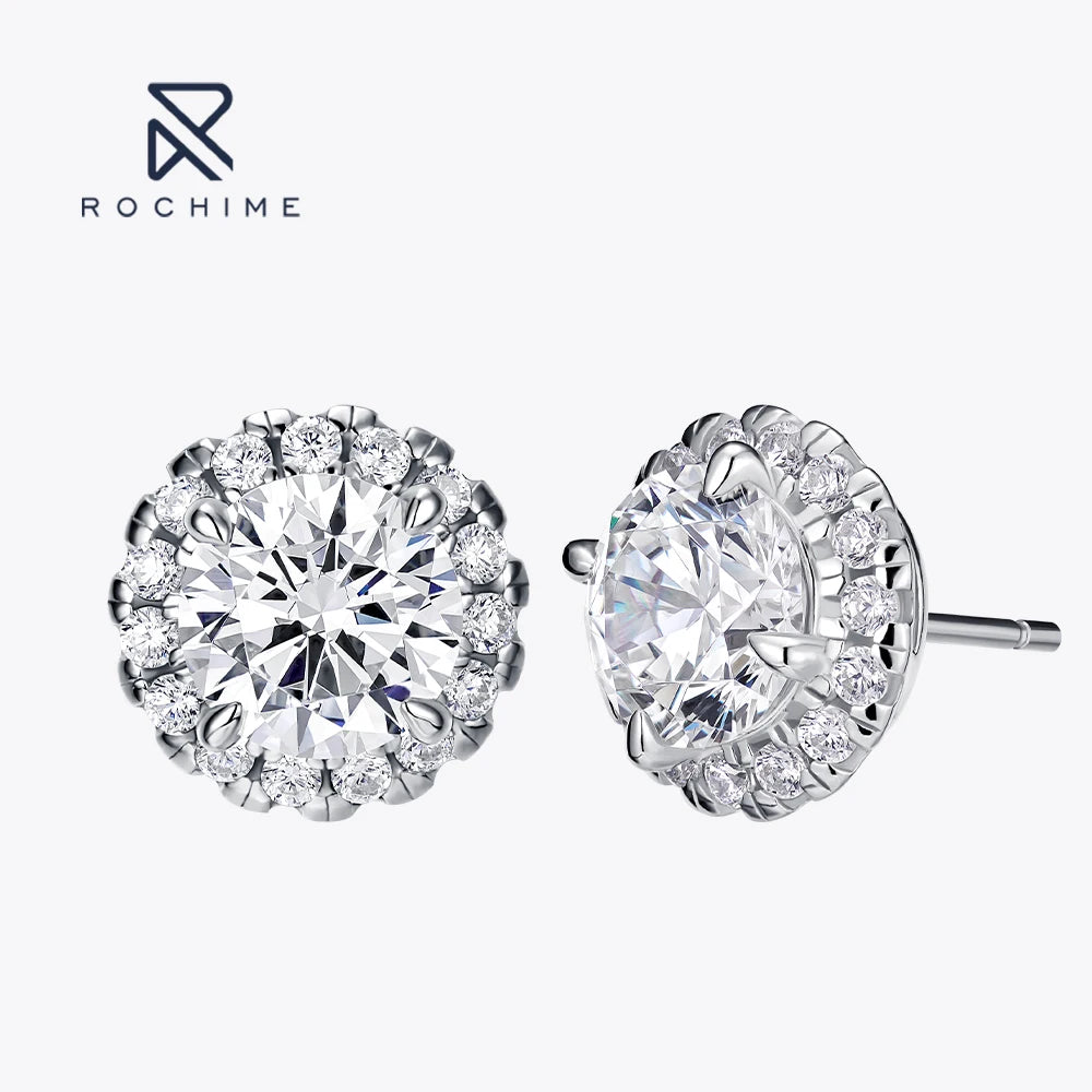 Rochime halo Round Brilliant  Diamond Earstuds 925 Sterling Silver Rhodium Plated 5a Zircon Jewelry for Women