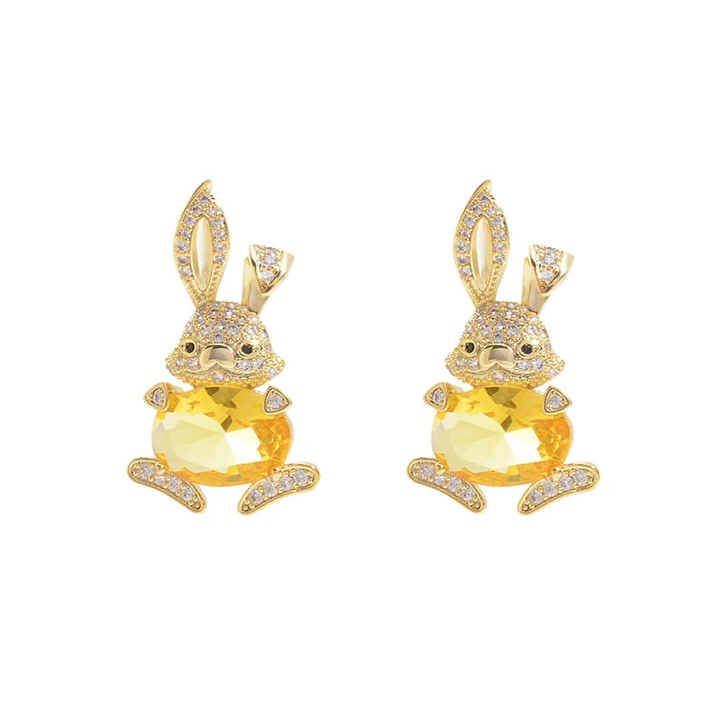 Wholesale 14K Gold Plated Dainty Cute Crystal Zircon Rabbit Earrings Hypoallergenic Jewelry for Women Fashionable Cartoon Shape