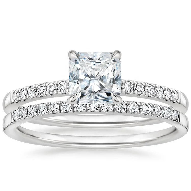 Radiant Cut 1ct Lab Diamond Wedding Ring Set Iced Out Radiant Eternity Band 18k Solid Gold Engagement Bridal Ring Set