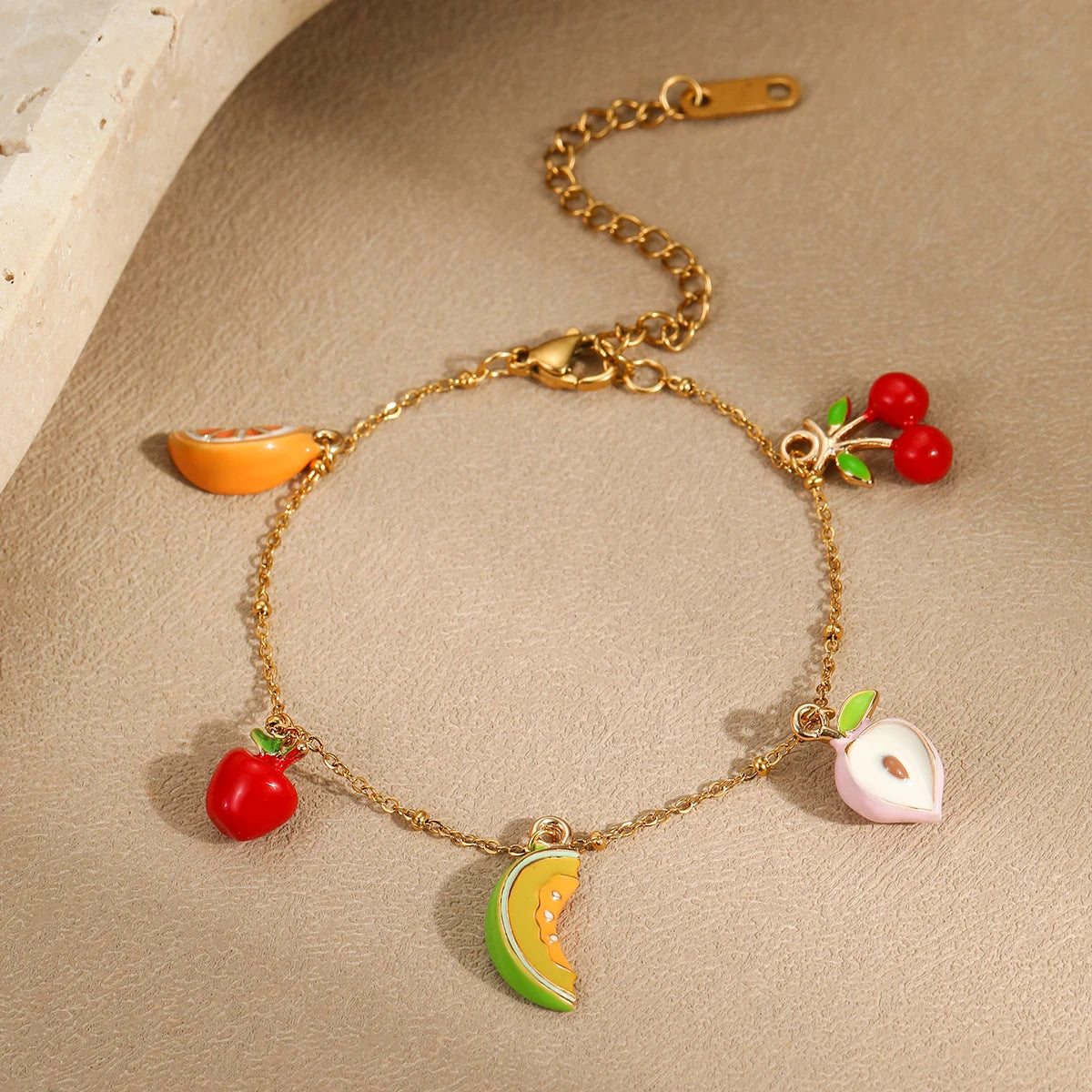 2025 New Cute  Fruit Strawberry Peach Watermelon  Designs Stainless Steel Cherry Charms Bracelet for Your Girls