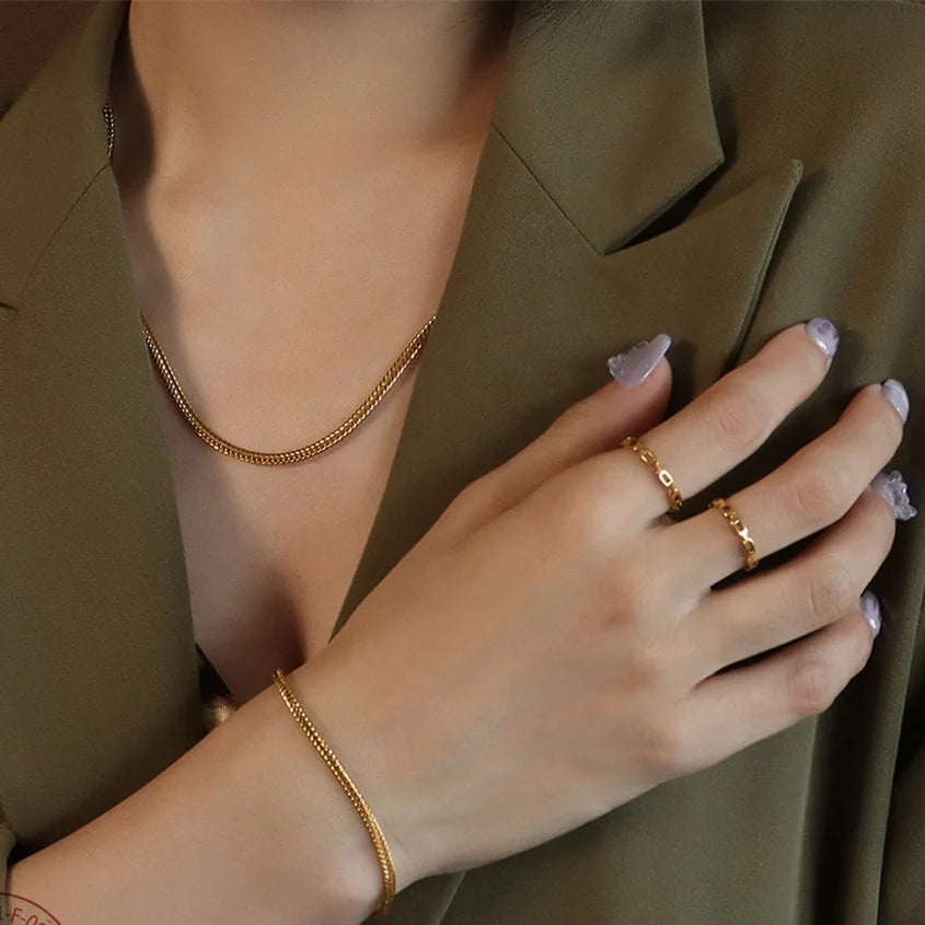 2026 New High End Fashion Simple Stainless Steel 18k Gold Hollow Thin Chain Necklace Bracelet Ring Jewelry Set Wholesale Spot