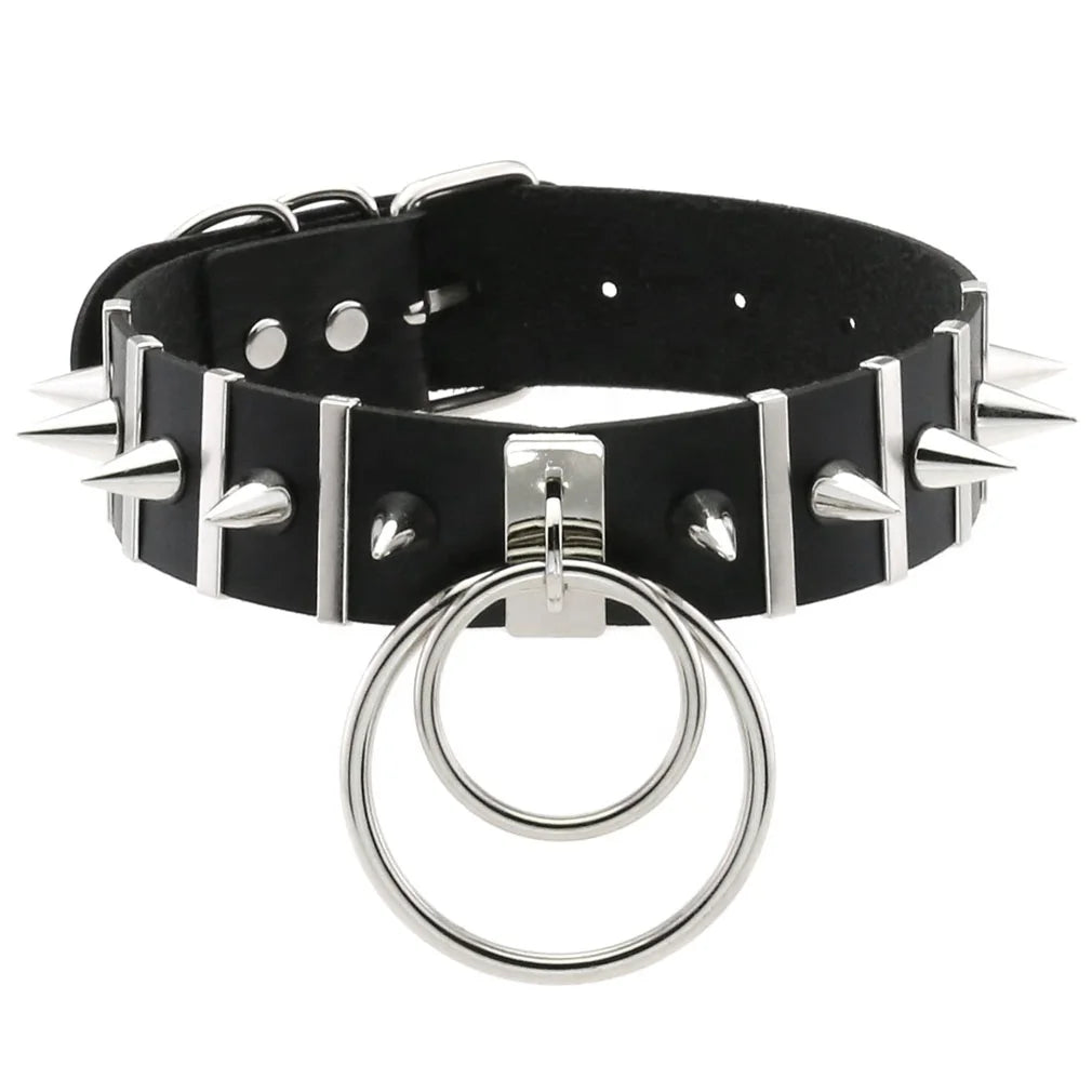 Punk Harajuku Rivet Double Ring Pendant Leather Choker Woman Neck Collar Necklace