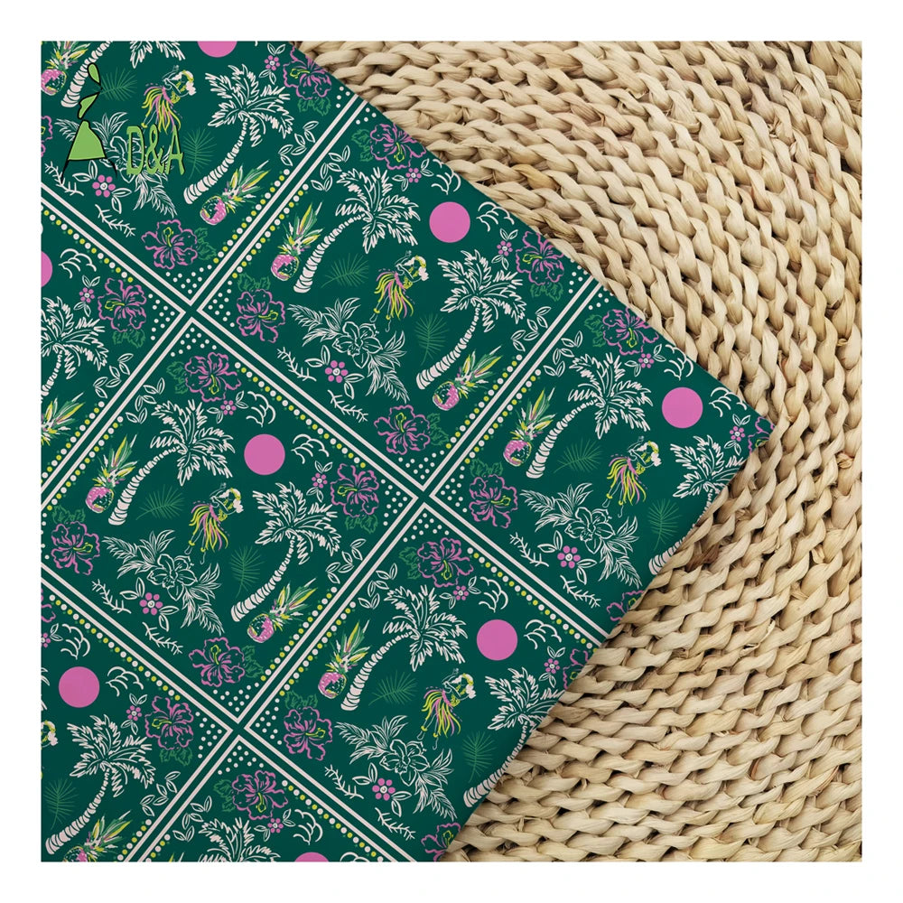 Custom Blackish Green Background Island&Tree&Girl&Pineapple&Floral Digital Print Lightweight Anti-static 100% Sleepwear Wedding