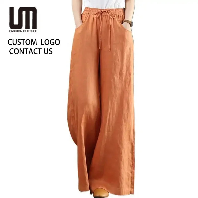 OEM Service Korean Vintage Fashion Spring Summer Plus Size Women Elastic Waist Cotton Linen Wide Leg Pants