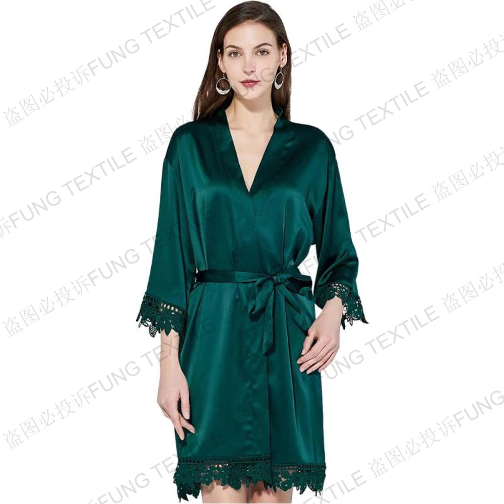 FUNG 3031 European and American Women's Fashion Silk Satin Lace-up Breathable Soft Sleep Robe and Bathrobe Sleep Gown