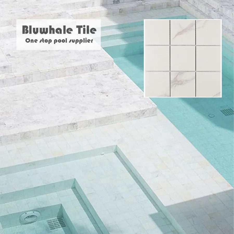 Bluwhale Tile Anti Slip Matte Square Bali Stone Porcelain Carrara White Marble Look Villa Swimming Pool Tile Marble Mosaic