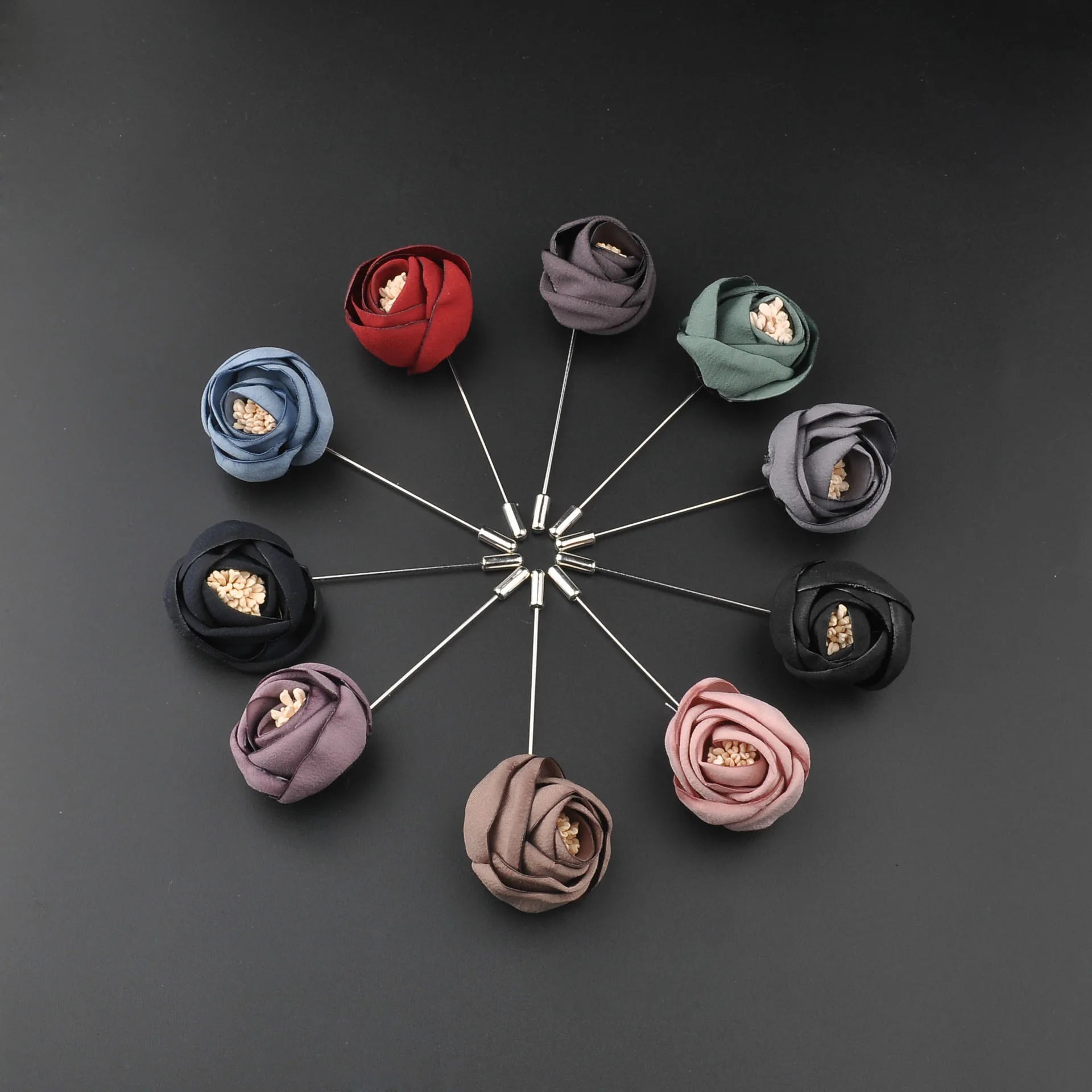 Jachon Handmade Fabric Rose Flower Brooch Ribbon Long Needle Lapel Pin Men's Lapel Pins Corsage Wedding Collar Accessory