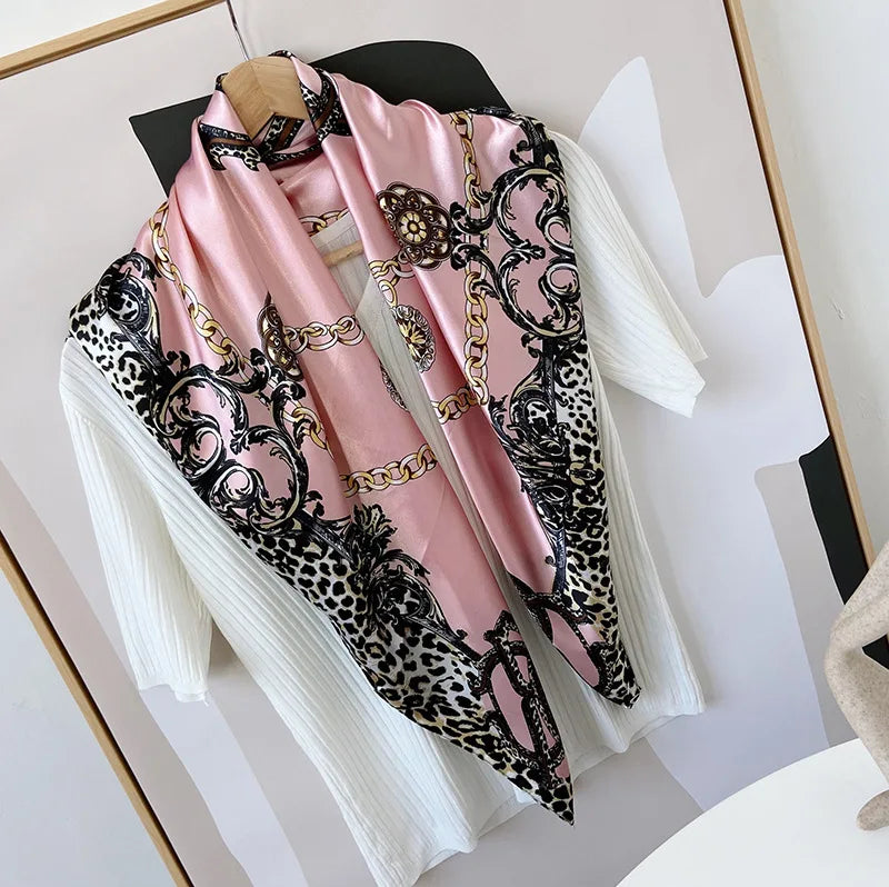 Factory Cheapest Price Woman Trendy Premium Leopard Skinny Satin Scarf  90cm Hijab Dubai