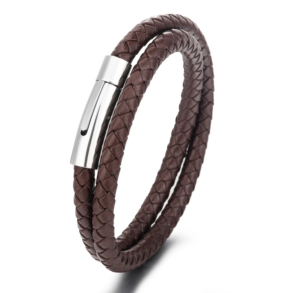 New Retro Simple Handmade Braided Stainless Steel Genuine Leather Wrap Bracelet For Men