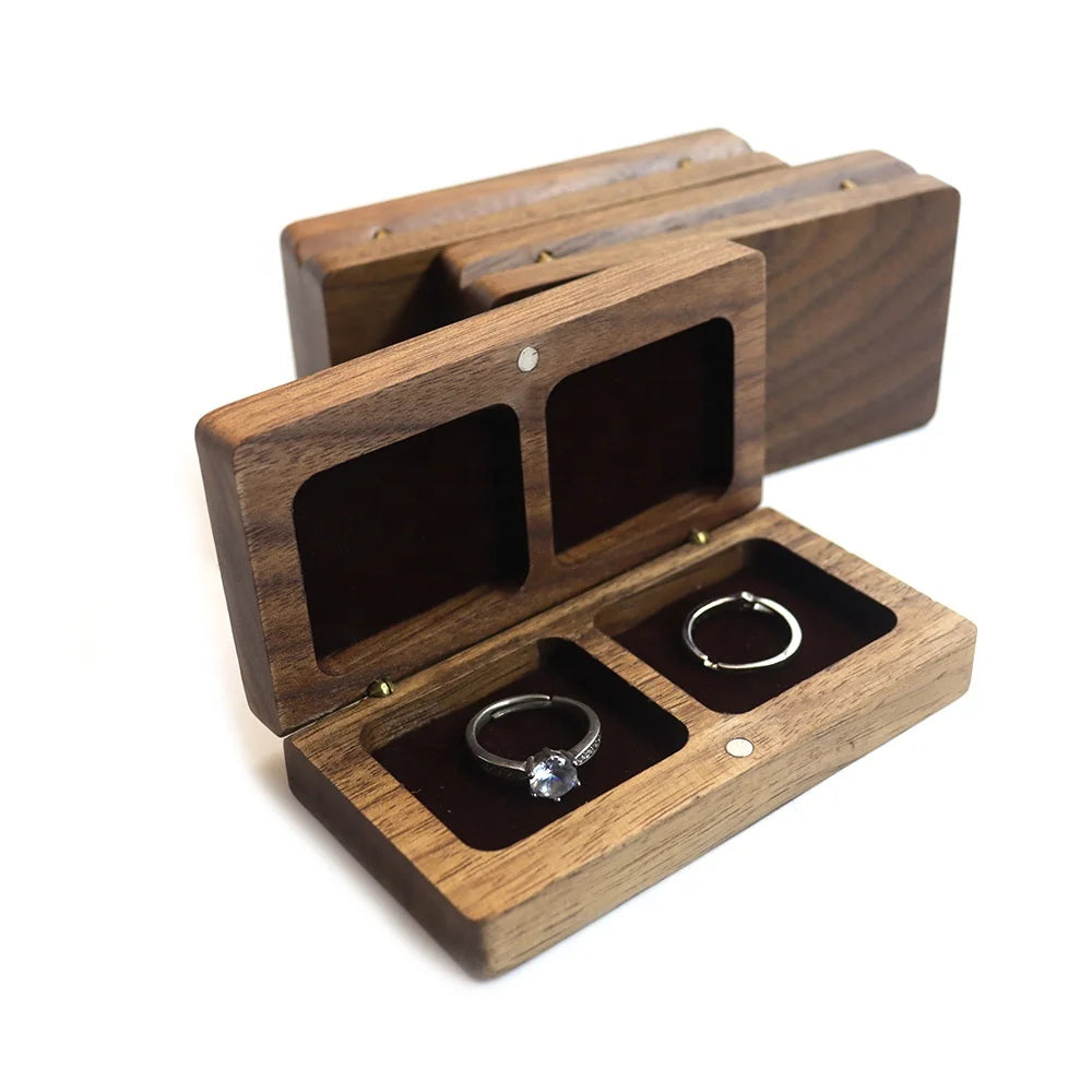 Rectangle Black Walnut Wood Engagement Double Ring Box for Wedding