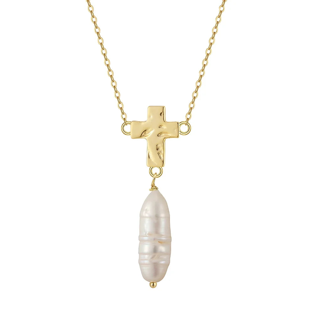 RINNTIN GPN77 Fashion Jewelry Baroque Pearl Pendant Necklace for Women 14k Gold Plated Cross Pendant Necklace